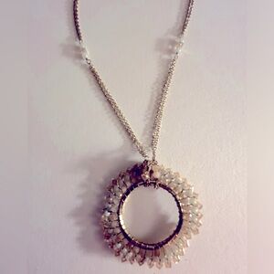 Necklace vintage Tiny iridescent & opalite glass crystals 2” pendant, 26” chains